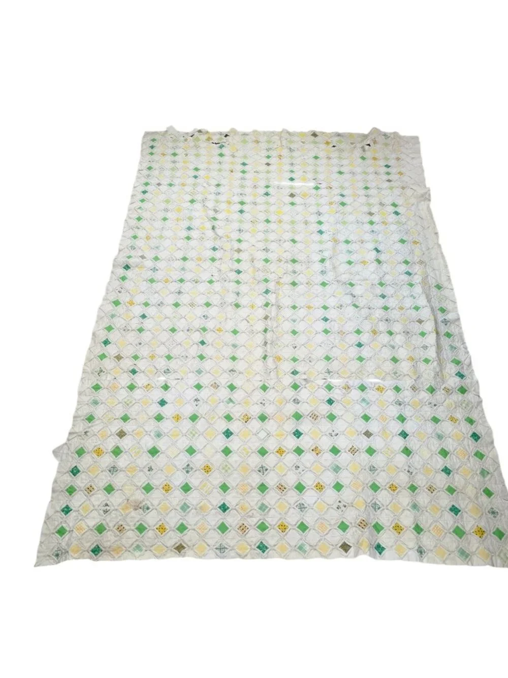 Vintage Handmade Cathedral Window Cutter Quilt Green Yellow 88 x 59
